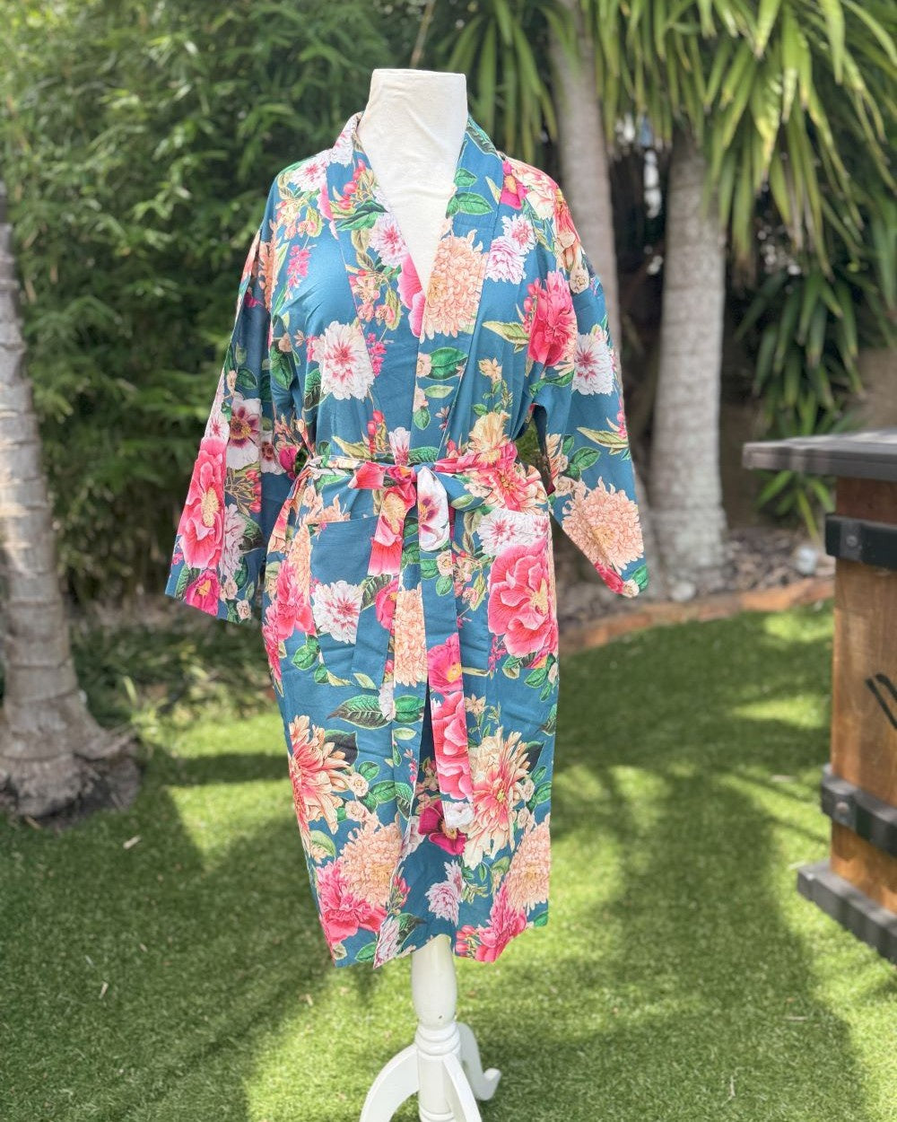 Blazing Daisy Fleur Kimono Robe Bluestone Floral Print
