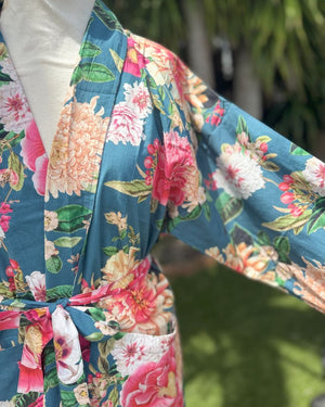 Blazing Daisy Fleur Kimono Robe Bluestone Floral Print