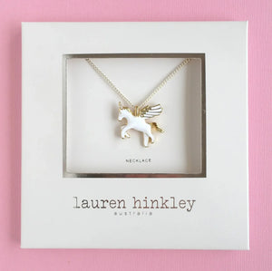 Flying Unicorn Necklace Unicorn necklace on a display card with 'Lauren Hinkley Australia' 