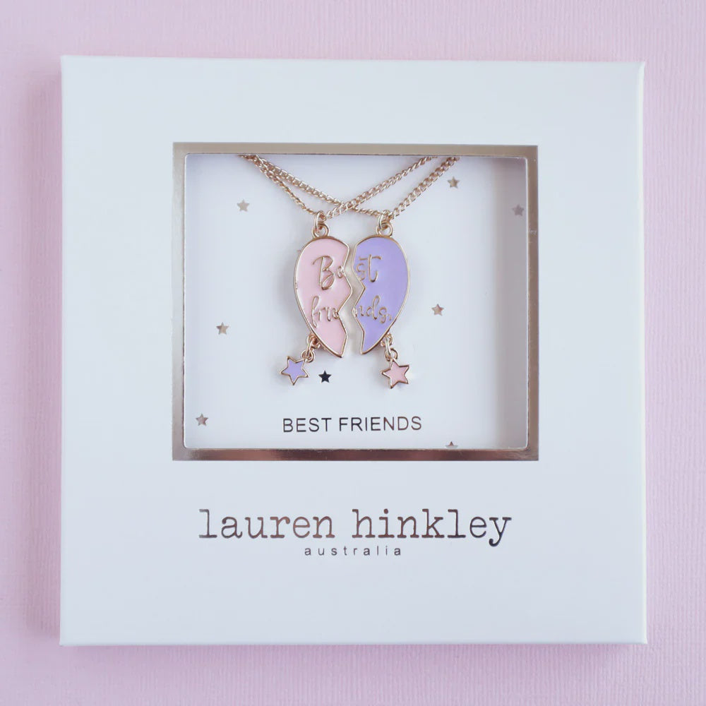 Forever Heart Best Friends Set (2 necklaces) Two interlocking heart-shaped best friends necklaces in a 'Best Friends' box with 'Lauren Hinkley Australia' branding