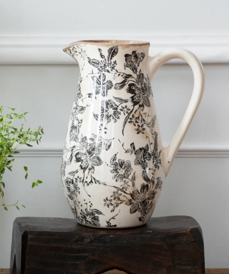 French Country Collections Black Floral Jug Tall