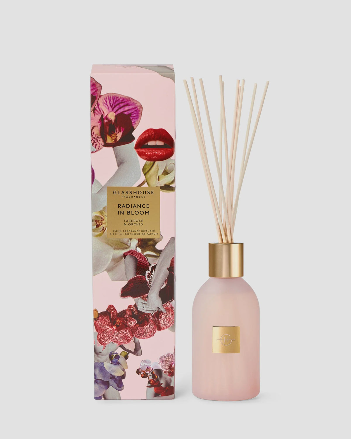 Glasshouse GF 250ml Diffuser - Radiance In Bloom 2026 Pink diffuser bottle with gold cap and floral packaging