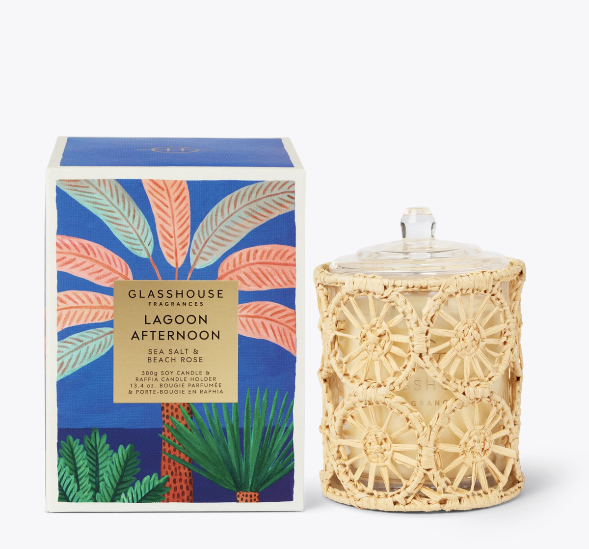 Glasshouse GF 380g Candle - Lagoon Afternoon -2026 limited edition Tropical-themed product with coconut, leaves, and a decorative box 