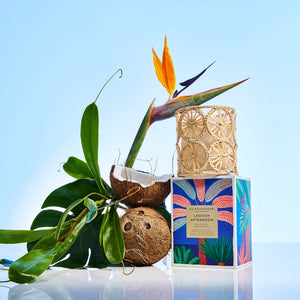 Glasshouse GF 380g Candle - Lagoon Afternoon -2026 limited edition Tropical-themed product with coconut, leaves, and a decorative box 