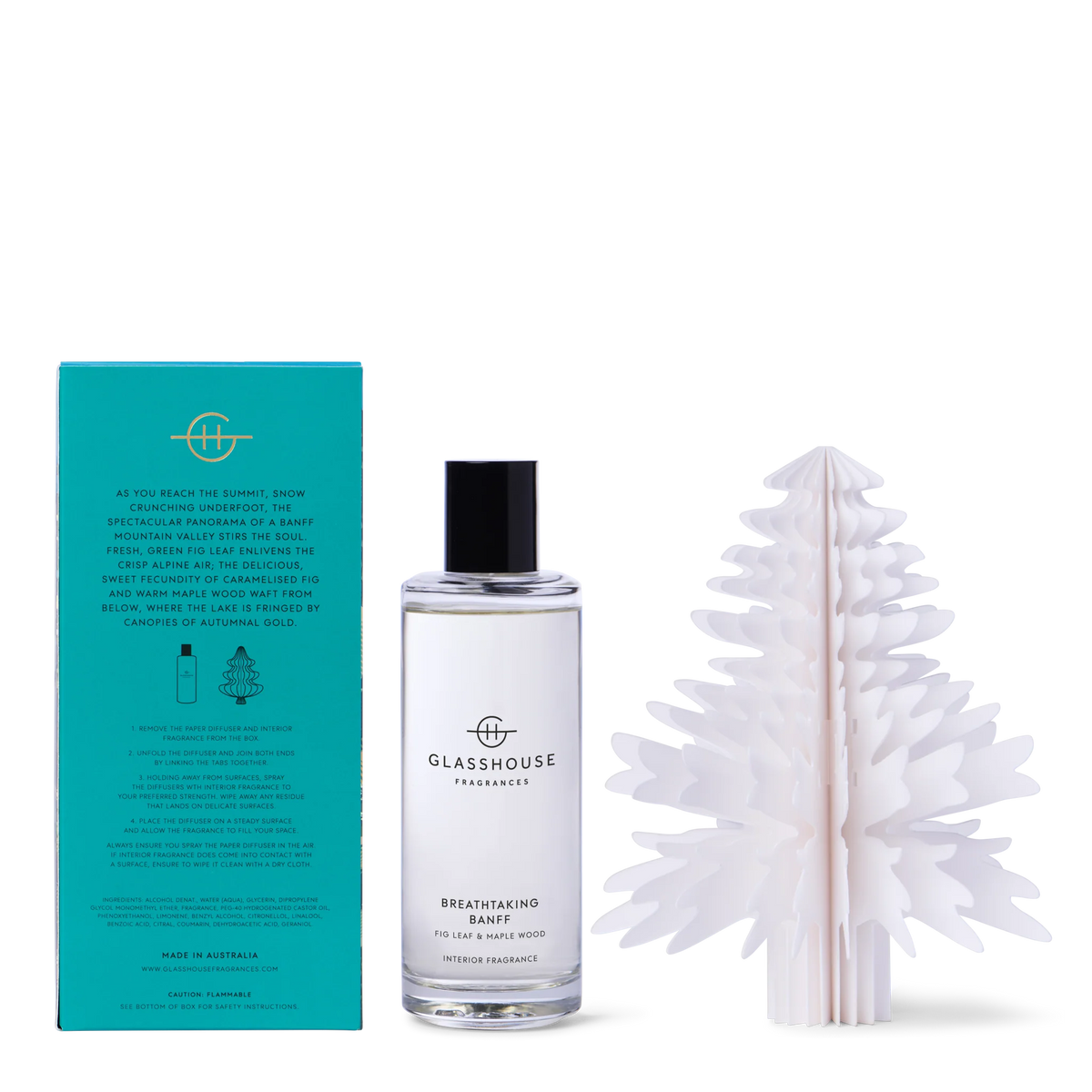 Glasshouse Fragrances Interior Fragrance and Paper Diffuser - Breathtaking Banff Breathtaking Banff product set with bottle, packaging, and diffuser on a white background