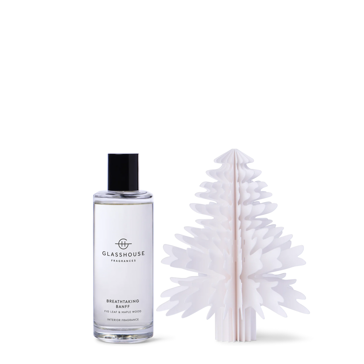 Glasshouse Fragrances Interior Fragrance and Paper Diffuser - Breathtaking Banff Breathtaking Banff product set with bottle, packaging, and diffuser on a white background