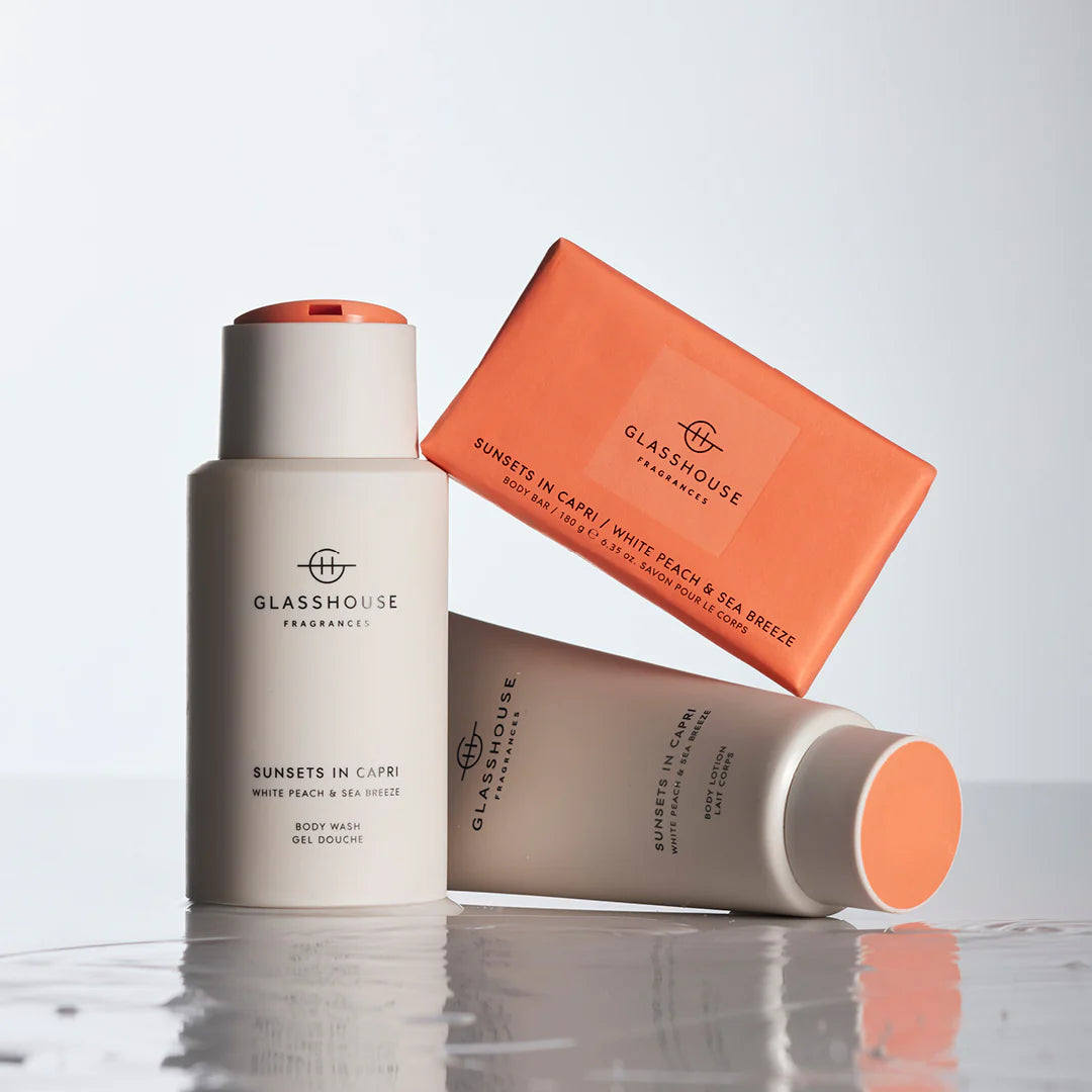 Glasshouse Skincare products including a bottle, soap bar, and body wash 