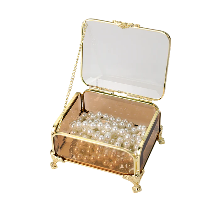 Glass Jewellery box Gold with Amber Glass 6.5 x 10 x 8cm