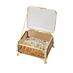 Glass Jewellery box Gold with Amber Glass 6.5 x 10 x 8cm