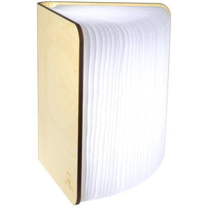 Gingko - Maple - Large Smart LED Booklight A modern book-shaped lamp with a light natural wood cover and a glowing white pleated page design