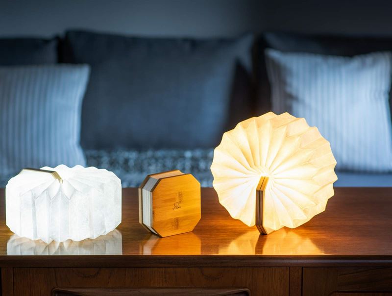 Gingko - Walnut Accordion - Small LED Light A folding paper lantern-style table lamp