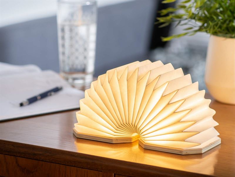 Gingko - Walnut Accordion - Small LED Light A folding paper lantern-style table lamp