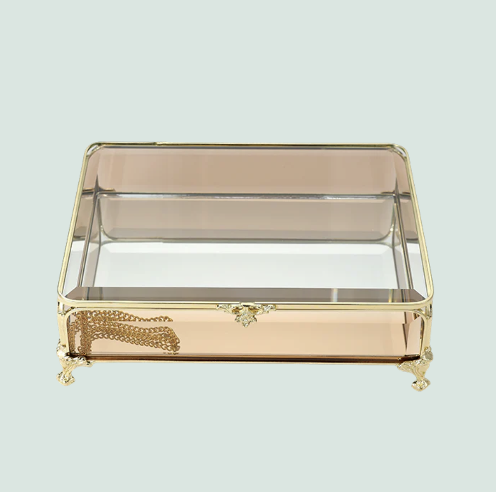 Glass Jewellery box Gold with Amber Glass 6.5 x 20 x 15.3cm Decorative glass tray with gold frame 