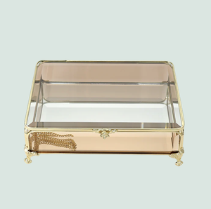Glass Jewellery box Gold with Amber Glass 6.5 x 20 x 15.3cm Decorative glass tray with gold frame 