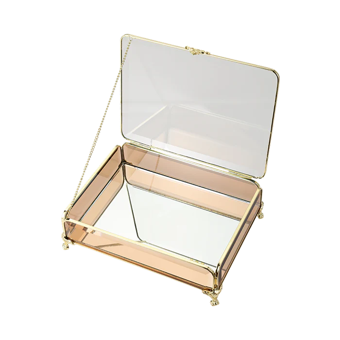 Glass Jewellery box Gold with Amber Glass 6.5 x 20 x 15.3cm Decorative glass tray with gold frame 