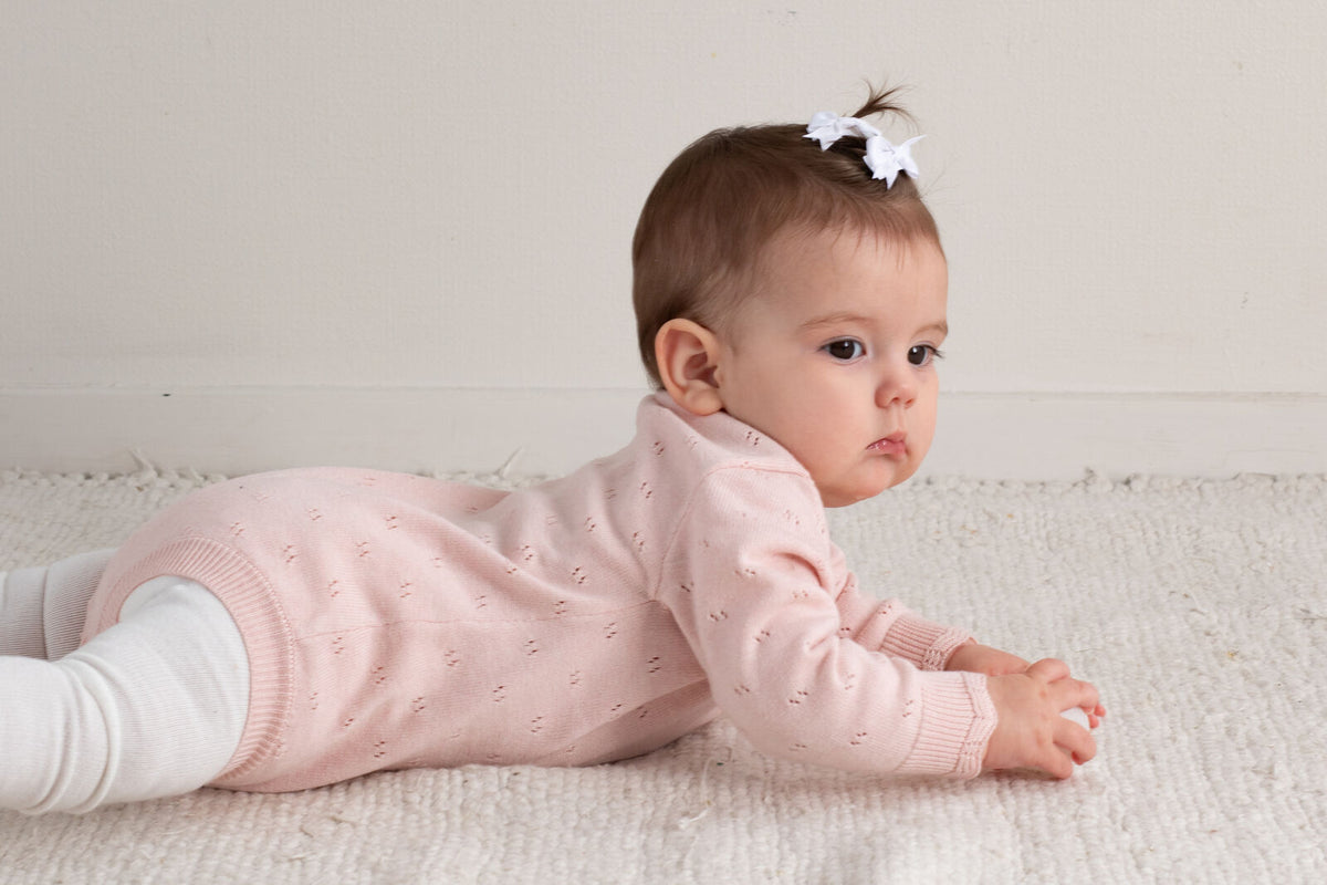 Burrow & Be Baby Girl Harper Knit Bodysuit - Petal Pink baby onesie with subtle pattern