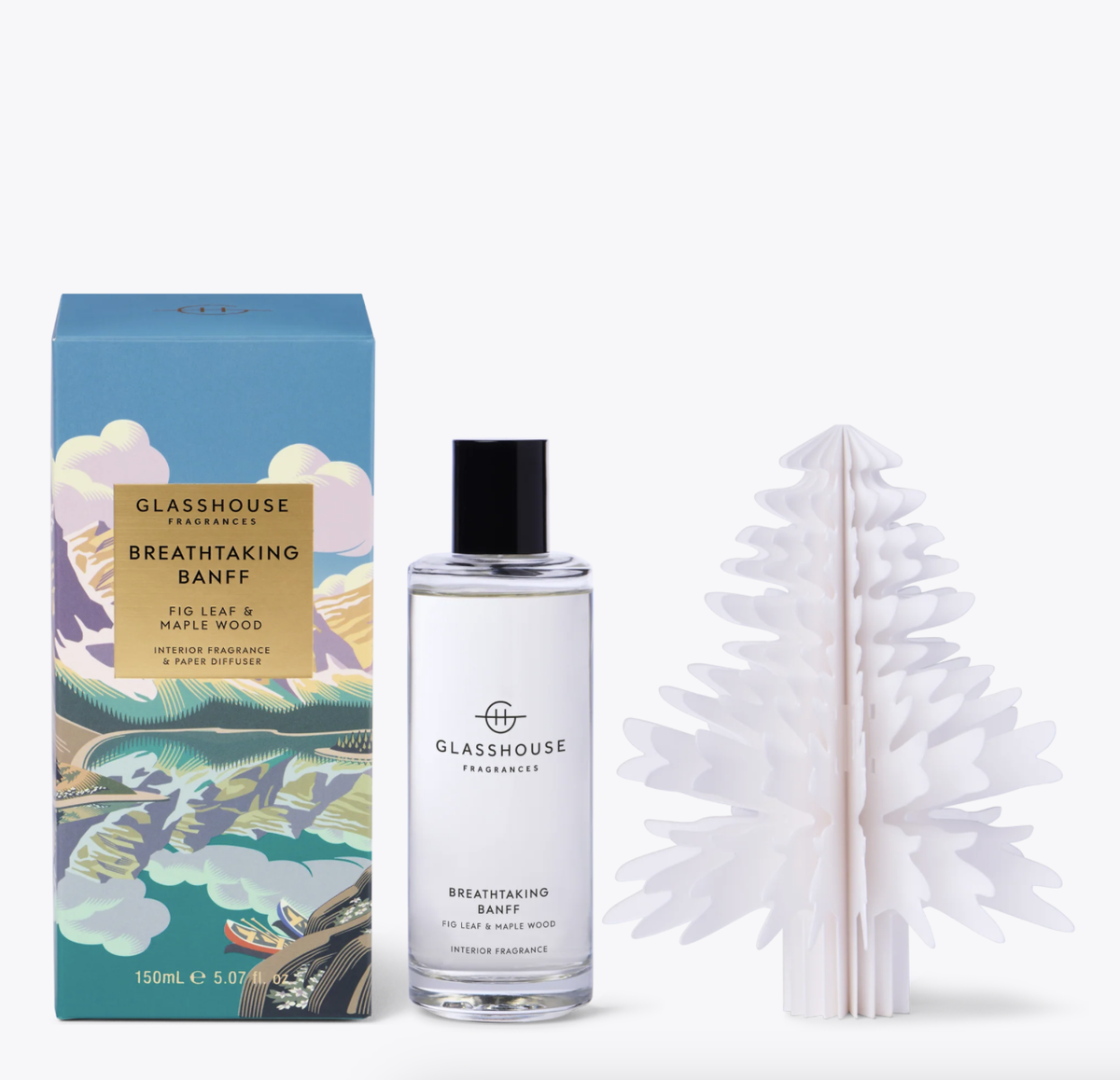 Glasshouse Fragrances Interior Fragrance and Paper Diffuser - Breathtaking Banff Breathtaking Banff product set with bottle, packaging, and diffuser on a white background