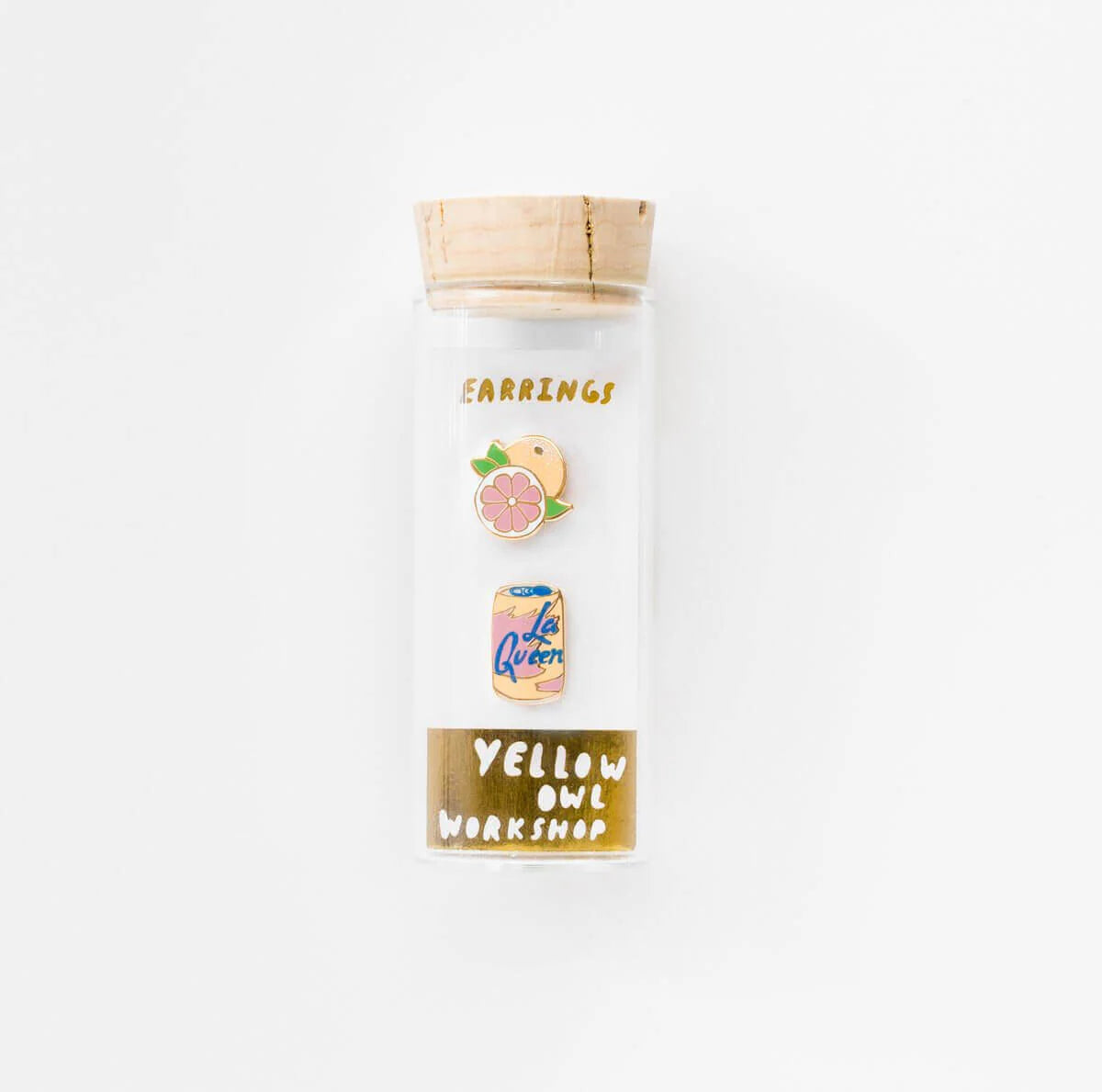 Clear jewelry box with 'Yellow Owl Workshop' branding La Queen and Grapefruit Earrings