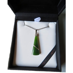 NZ Greenstone Wedge-shaped pendant 3.2cm with silver thread