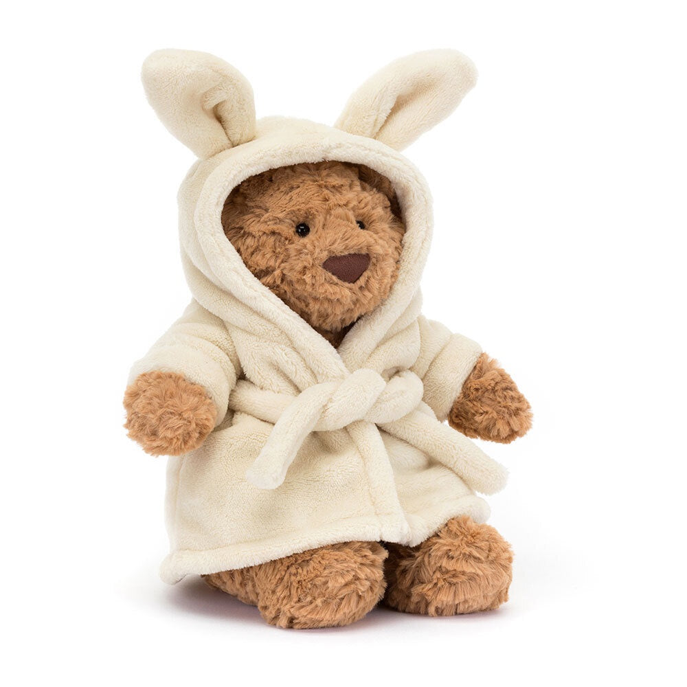 Jellycat Bartholomew Bear Bathrobe Teddy bear wearing a cream robe