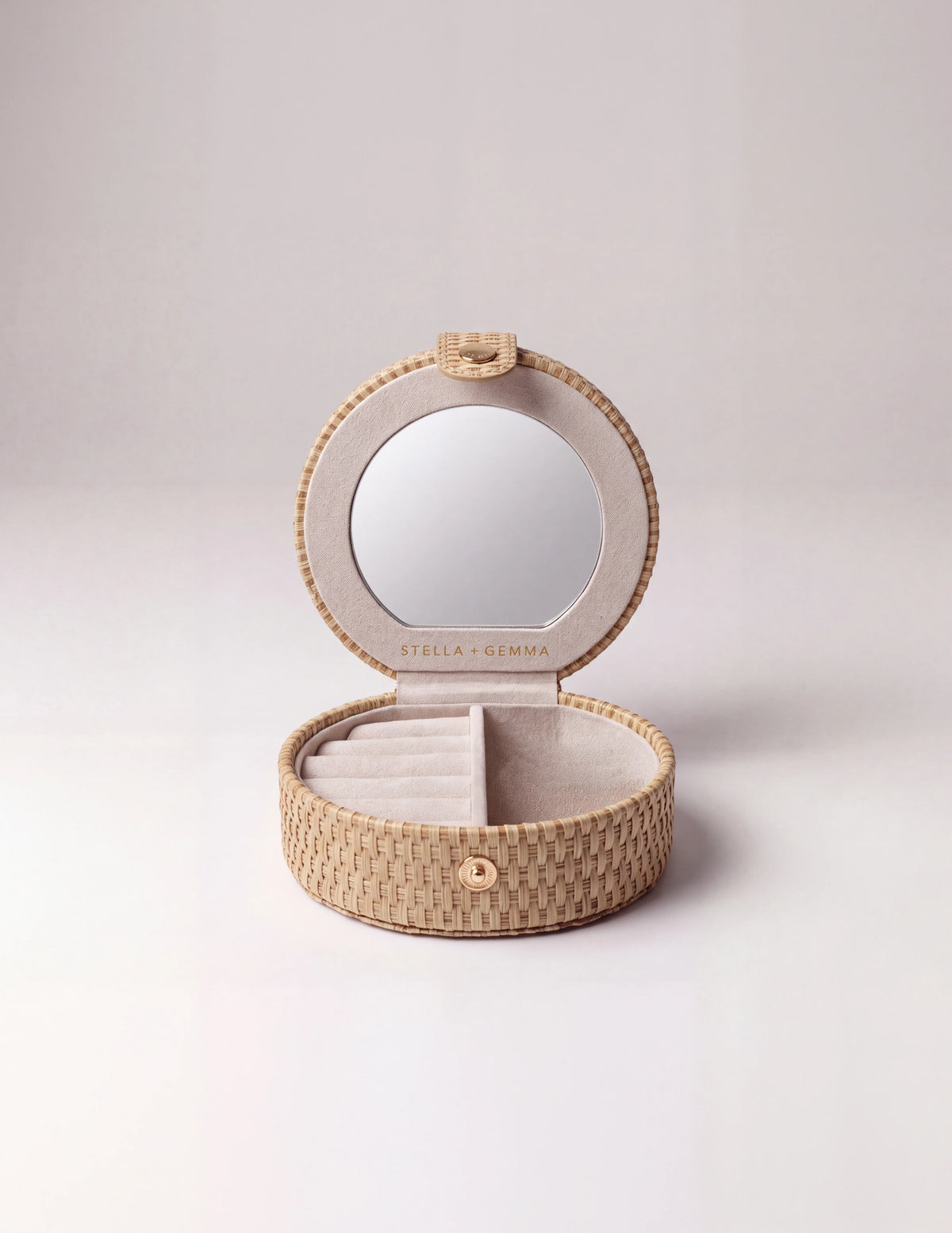 Stella+Gemma Jewel Box Round Woven w Mirror - Beige