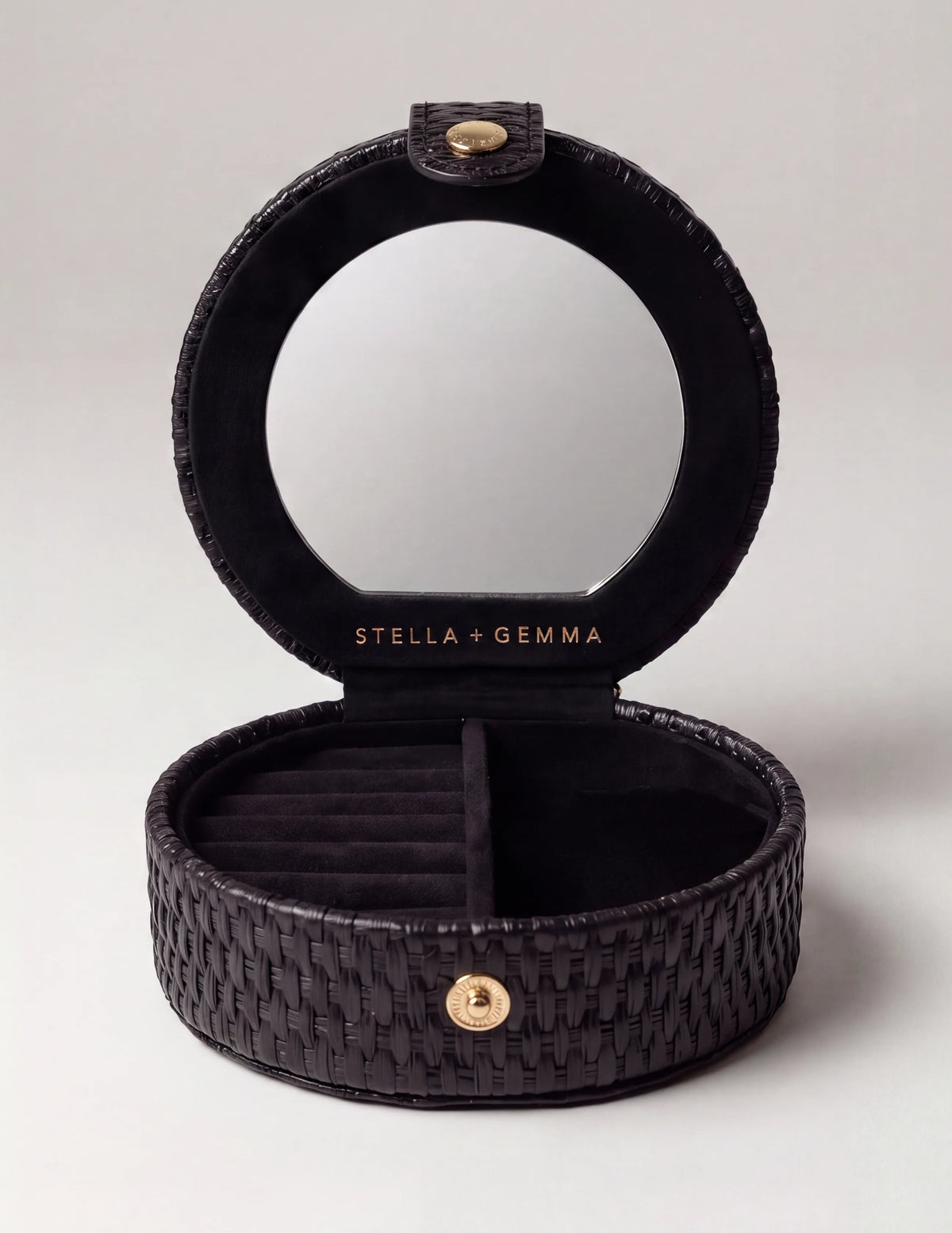 Jewel Box Round Woven w Mirror - Black