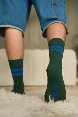 Journey Merino Socks - Green with Bright Blue Stripe