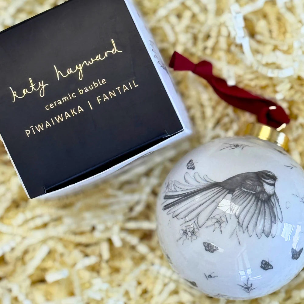 KATY HAYWARD CHRISTMAS DECORATION - COME FLY WITH ME - PIWAIWAKA/FANTAIL ceramic bauble