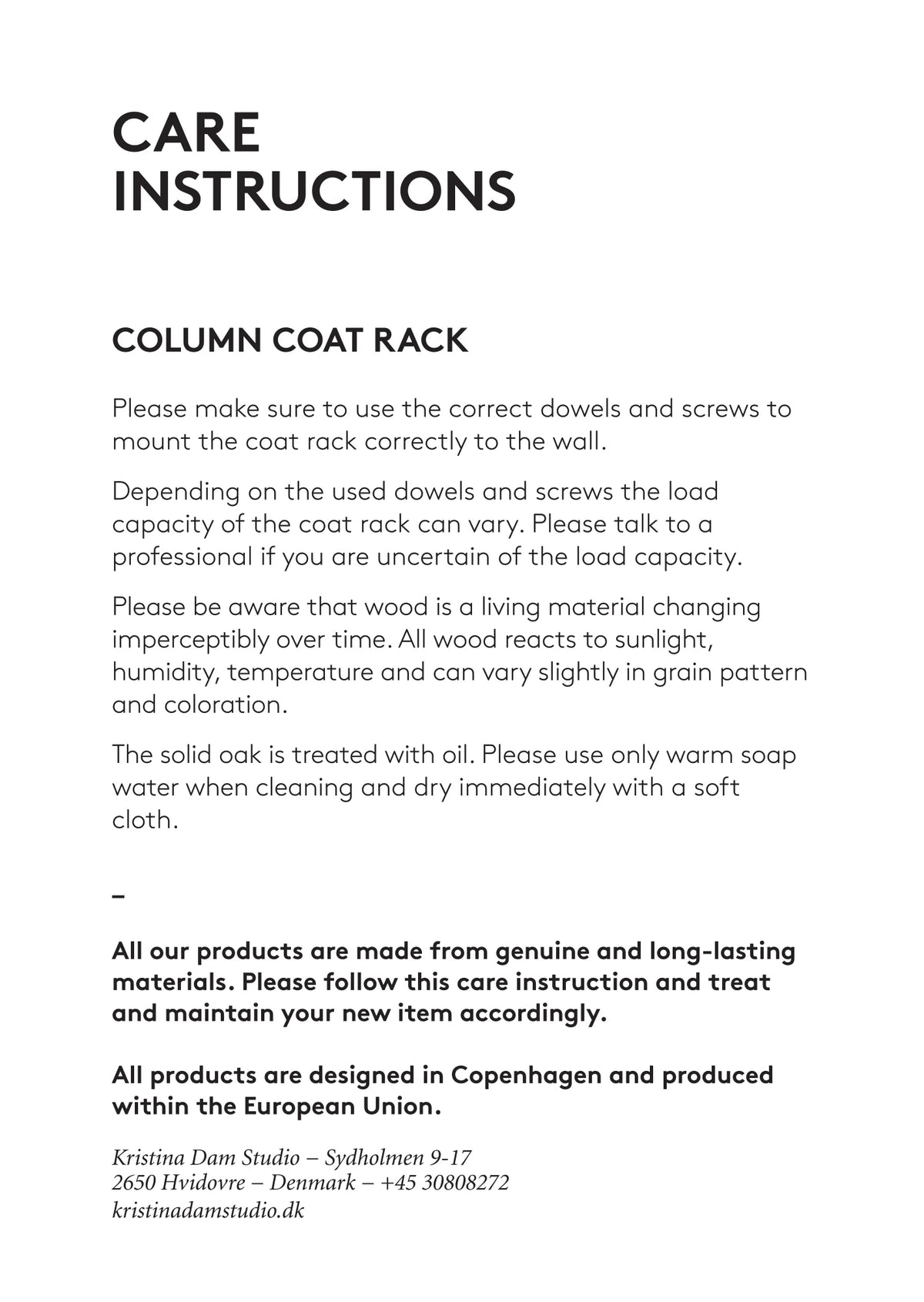 KRISTINA DAM Column Coat Rack Black wall-mounted coat rack