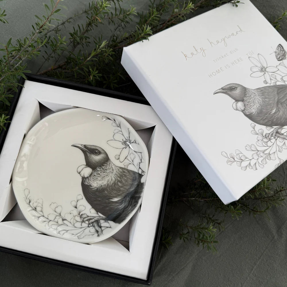 KATY HAYWARD Trinket Dish - Home Is Here - Tui Round ceramic plate with a bird and floral design