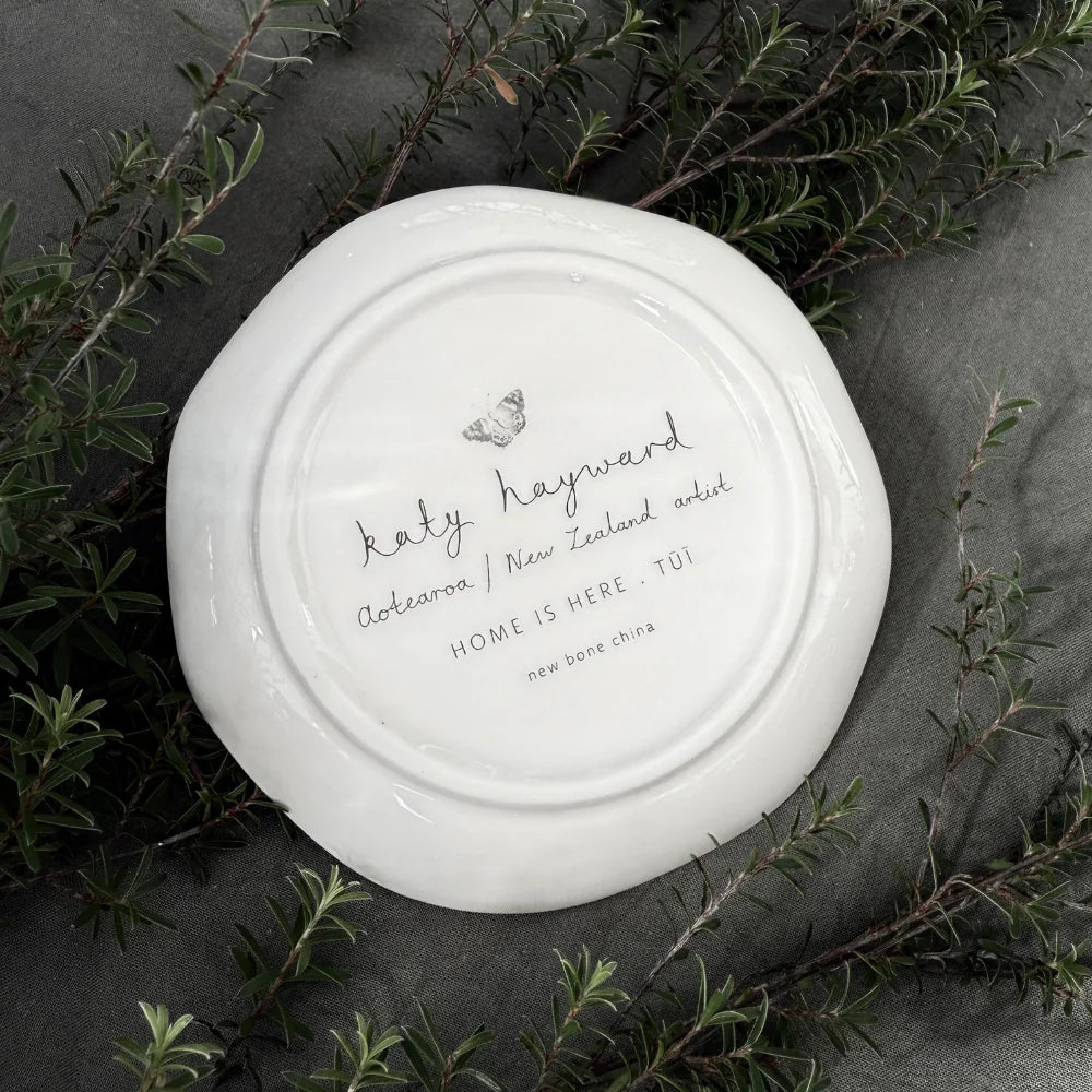 KATY HAYWARD Trinket Dish - Home Is Here - Tui Round ceramic plate with a bird and floral design