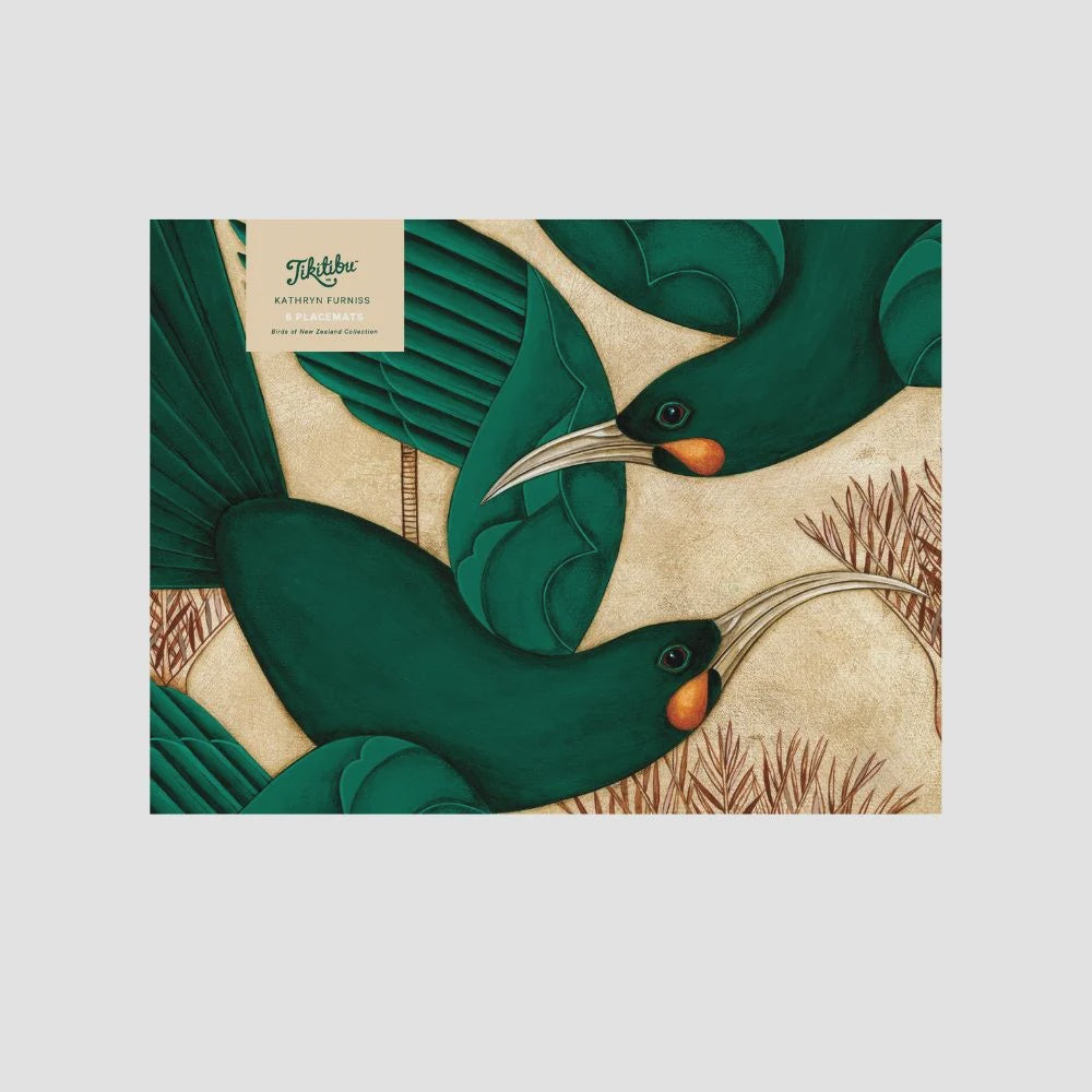 Birds of New Zealand Collection
A boxed set containing six placemats with different paintings.

Includes six of her paintings:

This is Love
Just the Two of us
Huia
Dancing in the Rain
Kaka's Welcome
Manuka Chain

Designed in New Zealand, Made in China

DIMENSIONS: 395 mm x 295 mm
MATERIAL:  Cork Backed

Kathryn Furniss, a self-taught painter from Nelson, New Zealand, draws inspiration from the Pacific landscape and native birds. Her acrylic and ink works feature layered techniques, blending abstract washes