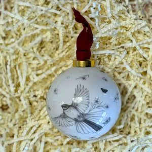 KATY HAYWARD CHRISTMAS DECORATION - COME FLY WITH ME - PIWAIWAKA/FANTAIL ceramic bauble