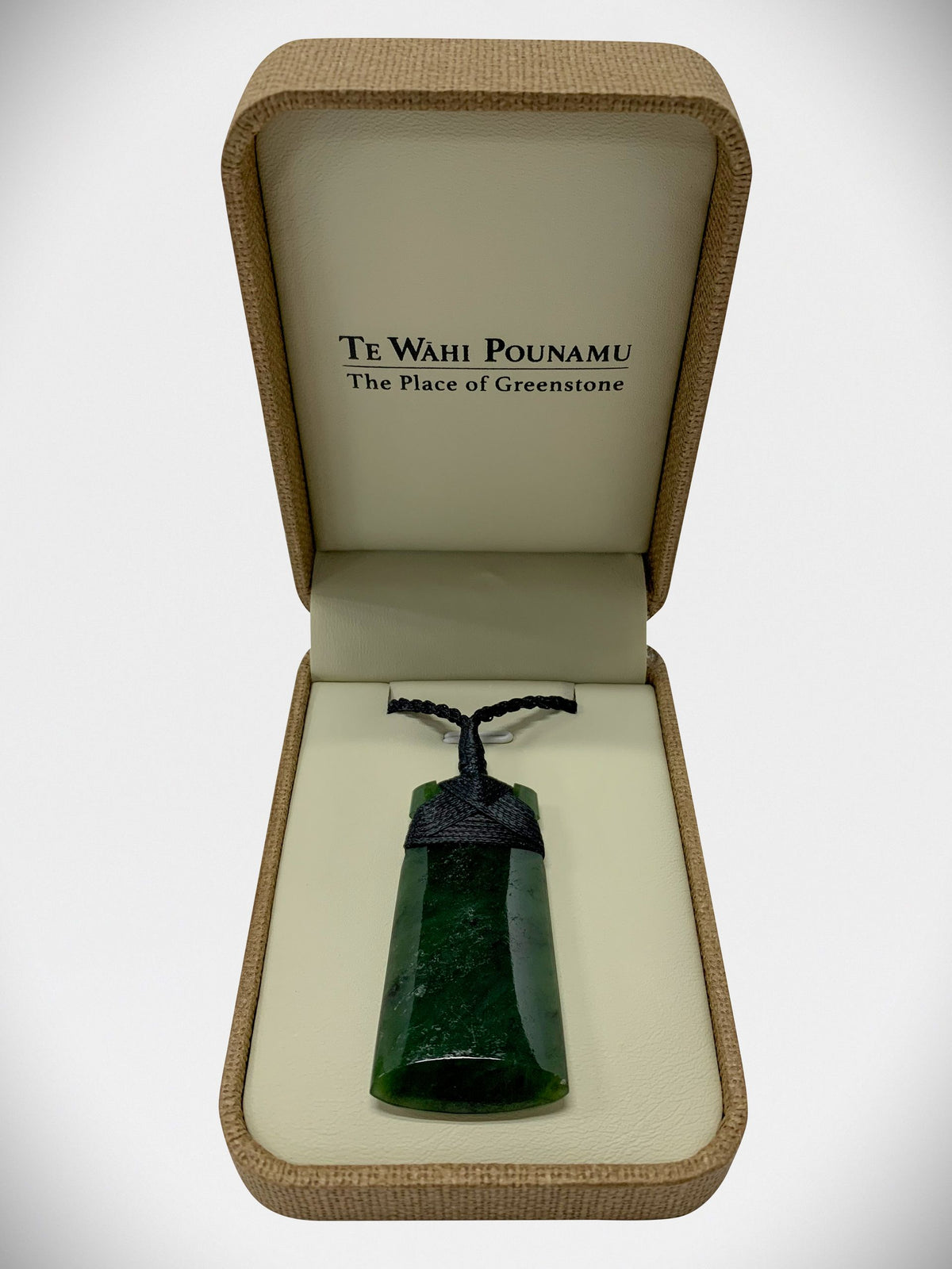 New Zealand Jade Kawakawa Toki with Ngai Tahu Certification Greenstone pendant in a 'Te Wahi Pouenuu' box