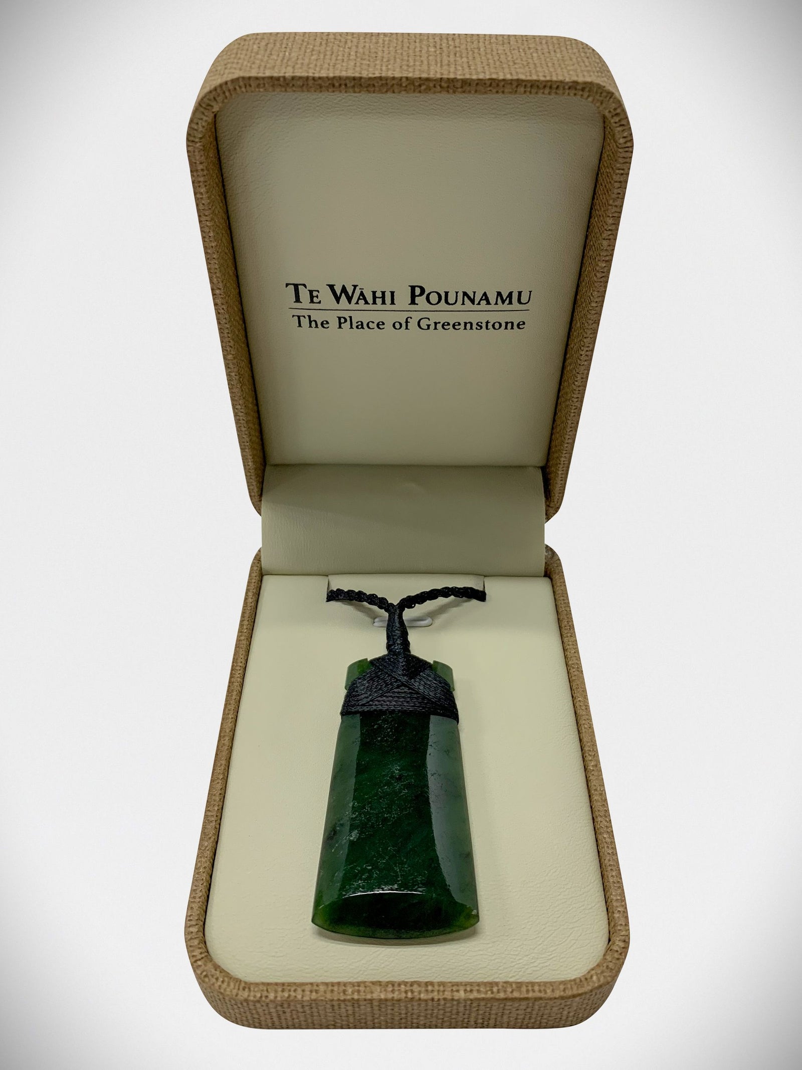 New Zealand Jade Kawakawa Toki with Ngai Tahu Certification Greenstone pendant in a 'Te Wahi Pouenuu' box
