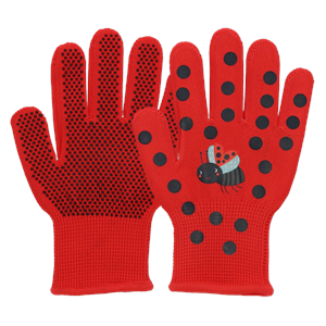 Red gloves with black polka dots and a ladybug design Kids Garden Gloves Ladybird