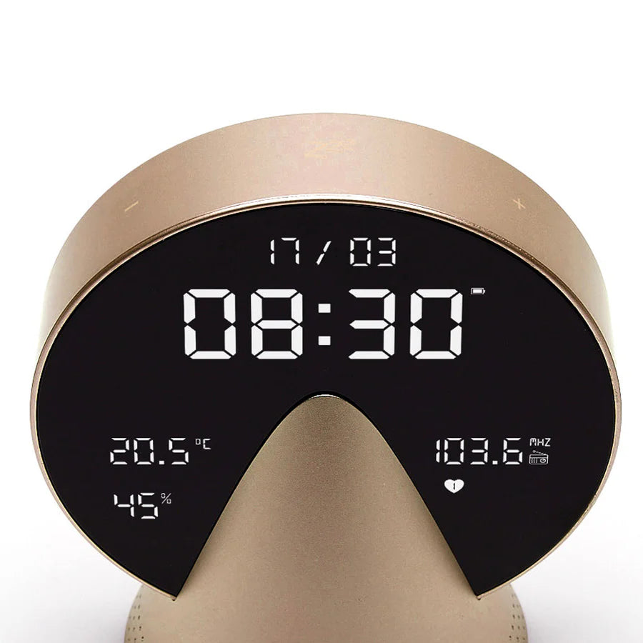 LEXON Conic Radio-Alarm-Bluetooth Speaker - Golden Honey Modern digital clock with temperature, humidity, and time display