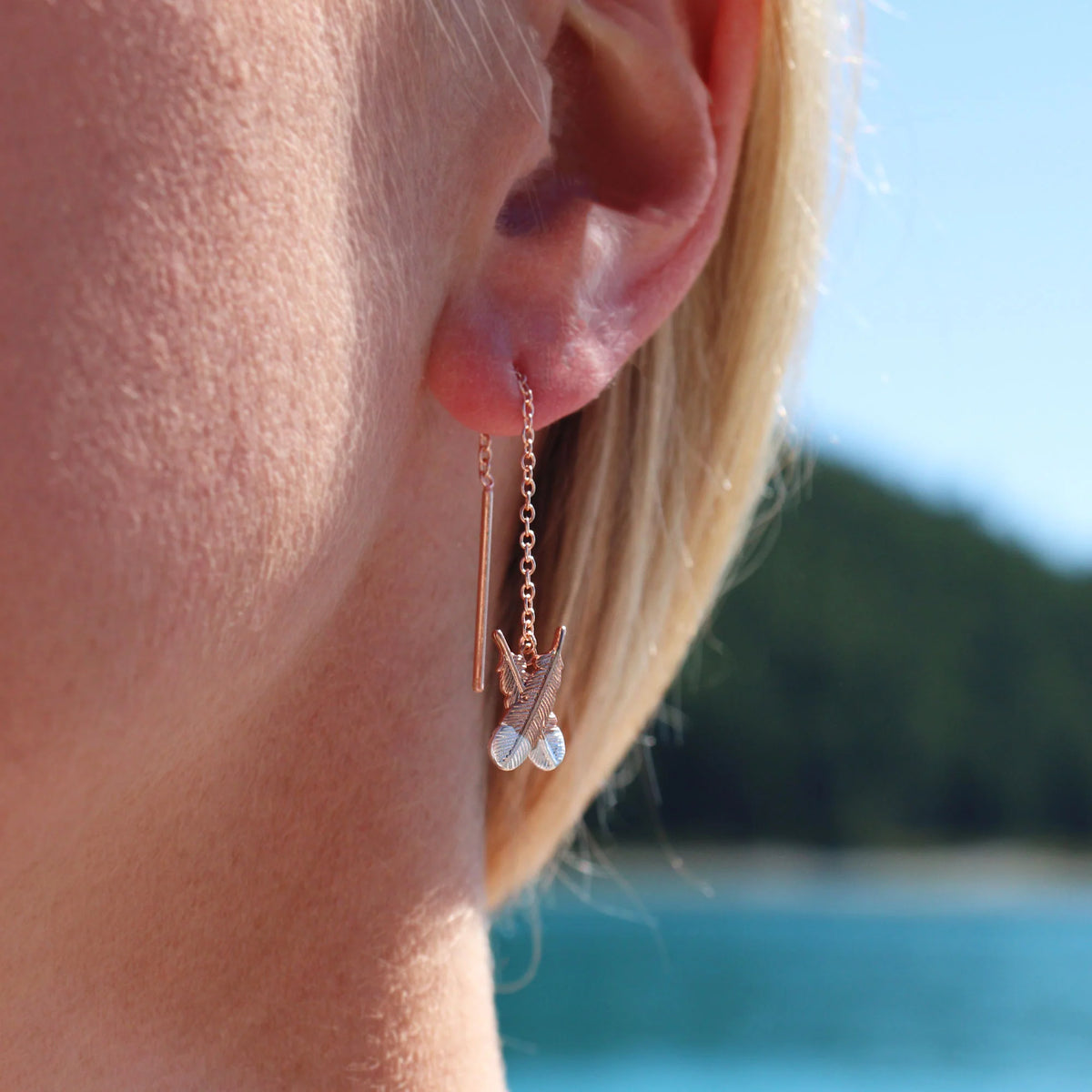 Little Taonga Huia Feather Thread Earrings Rose Gold