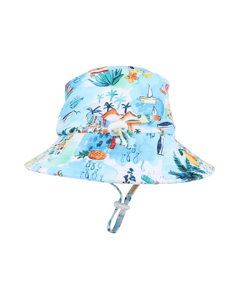 MINIHAHA LUCA PRINT SWIM HAT WITH QUICK RELEASE NECK TIE size S (9m-2yrs)