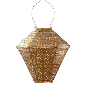 LUMIZ nz Lantern Diamond 28cm - Gold Sashiko A hanging geometric lantern made of textured woven material with a star cutout pattern