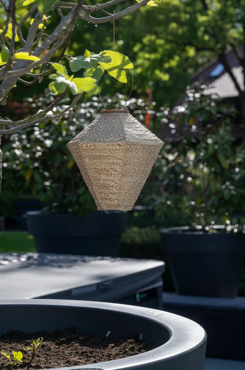 LUMIZ nz Lantern Diamond 28cm - Gold Sashiko A hanging geometric lantern made of textured woven material with a star cutout pattern