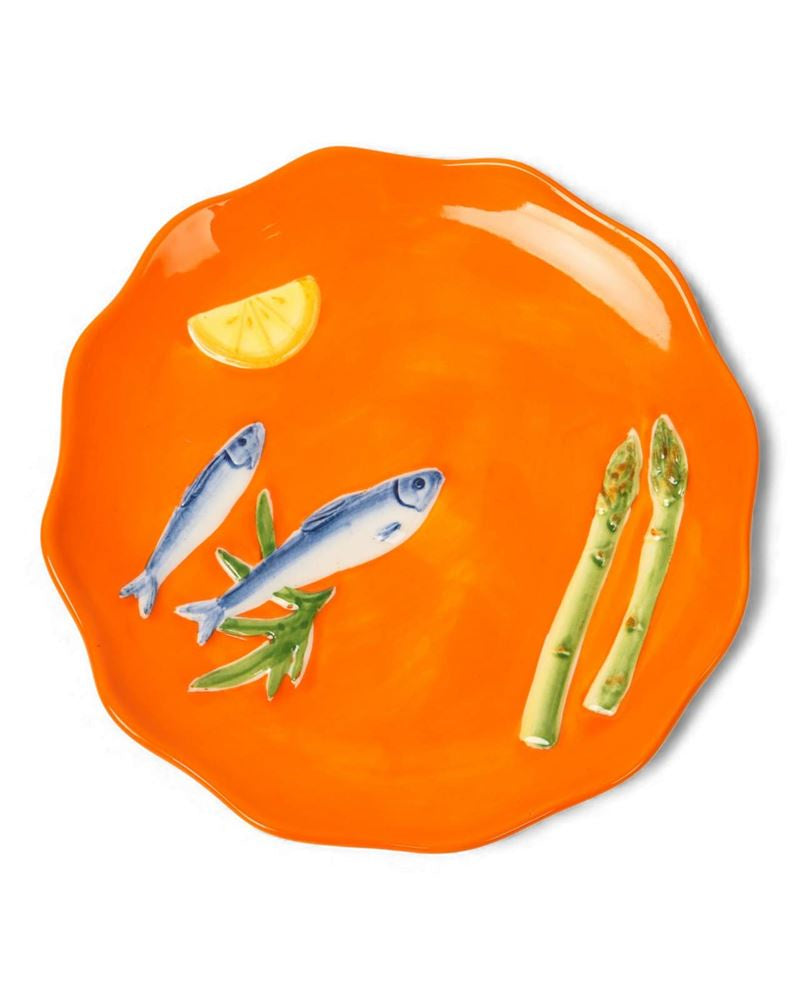 La La Land - Sardines - Stoneware Plate Orange plate with fish, lemon, and asparagus design