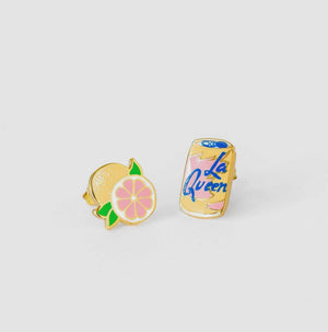 Clear jewelry box with 'Yellow Owl Workshop' branding La Queen and Grapefruit Earrings
