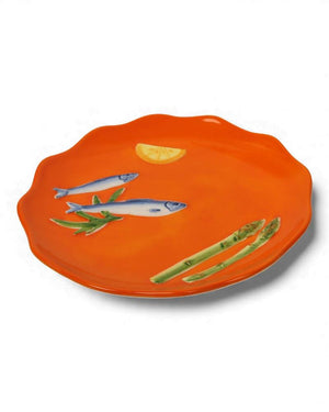 La La Land - Sardines - Stoneware Plate Orange plate with fish, lemon, and asparagus design