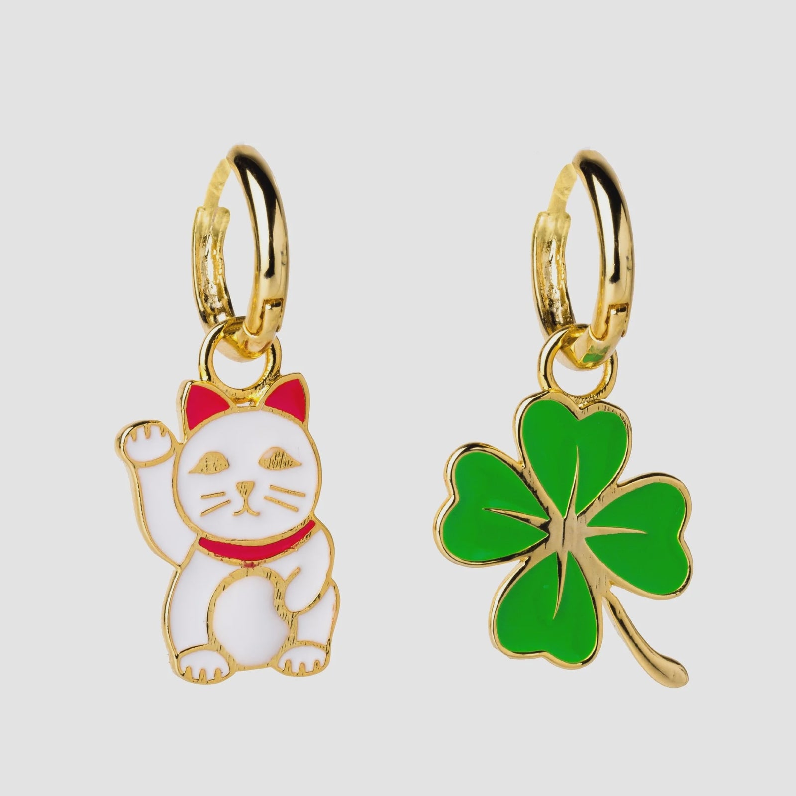 Lucky Cat & Clover Hoop Earrings 'Yellow Owl Workshop'