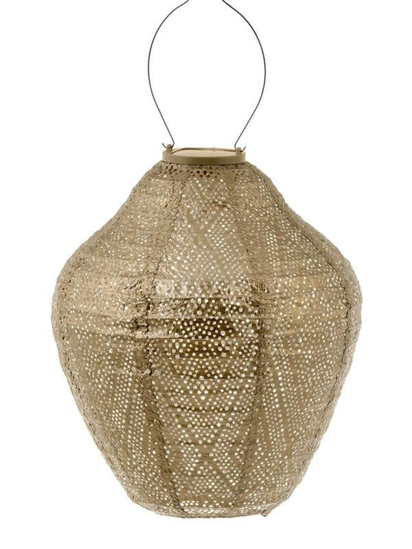 LUMIZ Lantern Jar 30cm - Gold Ikat A natural woven rattan hanging lantern with a geometric cutout pattern