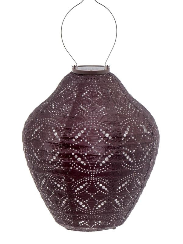 LUMIZ Lantern Jar 30cm - Plum Mandela A hanging decorative lantern with a dark plum-purple body, featuring a laser-cut geometric pattern