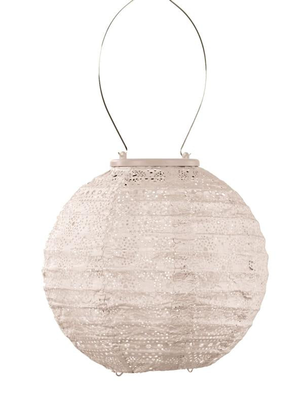 LUMIZ Lantern Round 20cm - Soft Blush Spectare A spherical hanging lantern with a textured, woven beige paper body and a thin metal hanging loop at the top