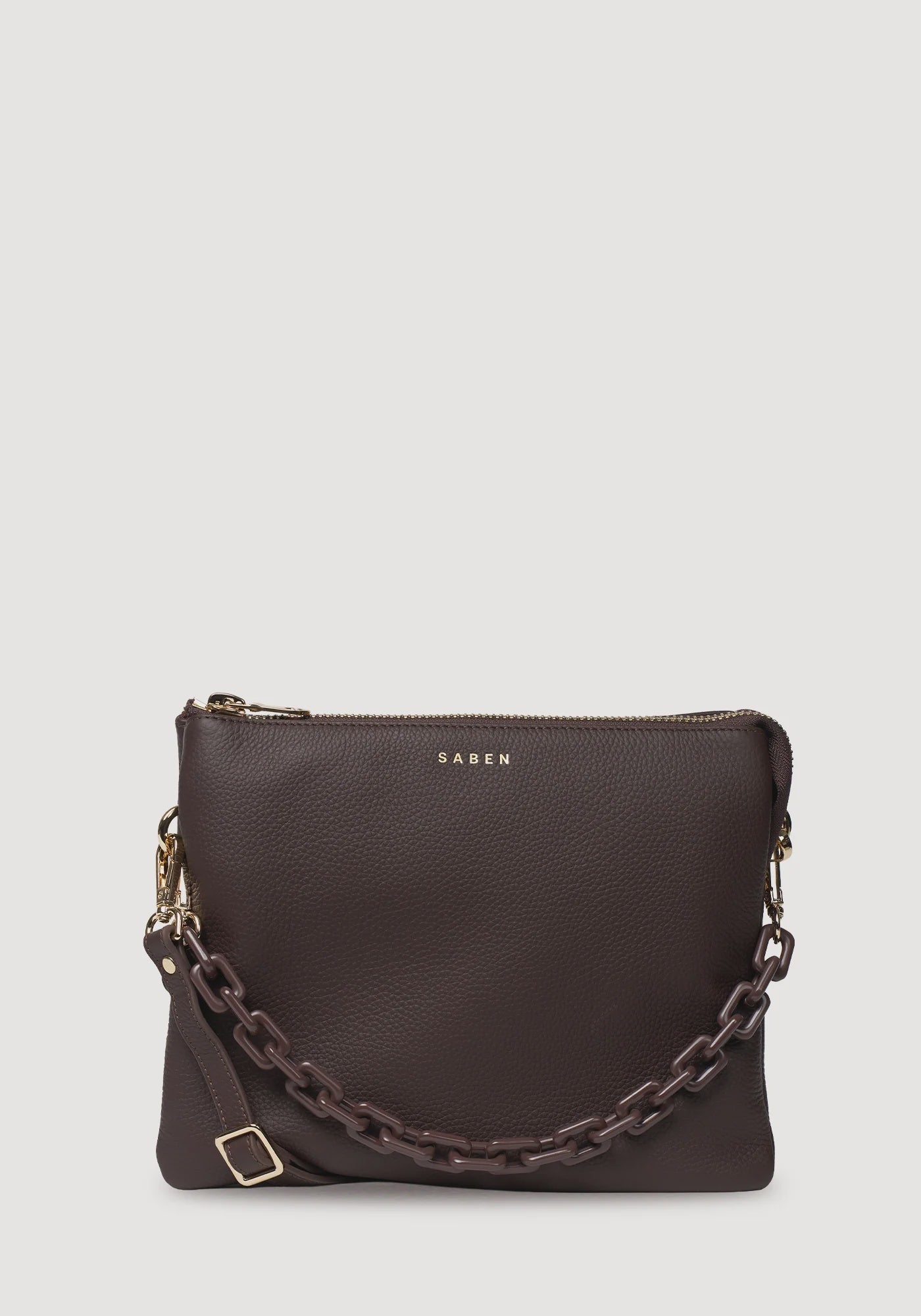 SABEN SS26 Matilda Crossbody - Cacao + Tonal Chain dark brown pebbled leather crossbody bag