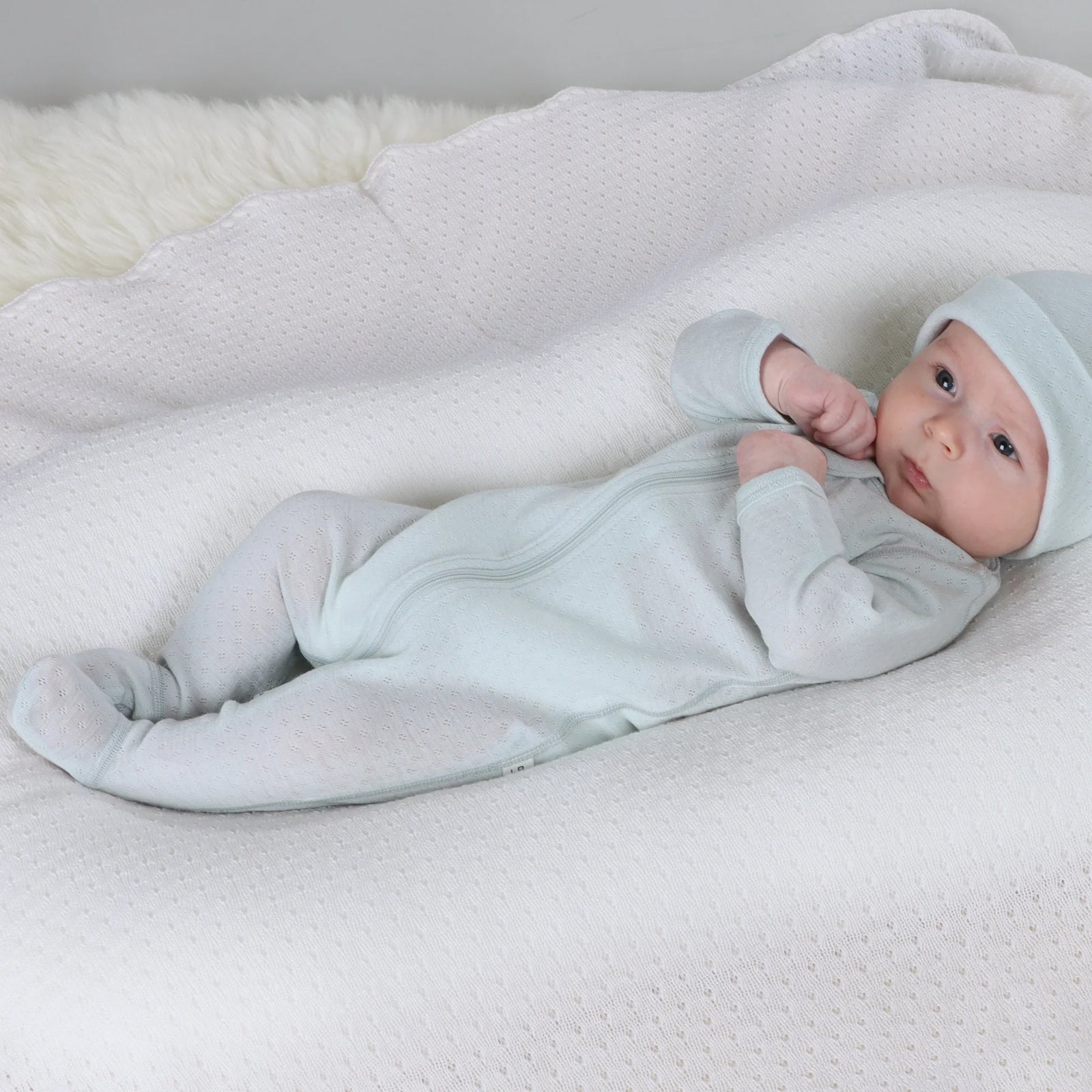 Merino Zip Babygrow - Pointelle - Duck Egg